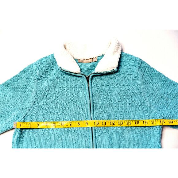 Croft Barrow Sweater Jacket M Teal Sherpa Collar Textured Granny Cottagecore Y2K - Picture 9 of 12